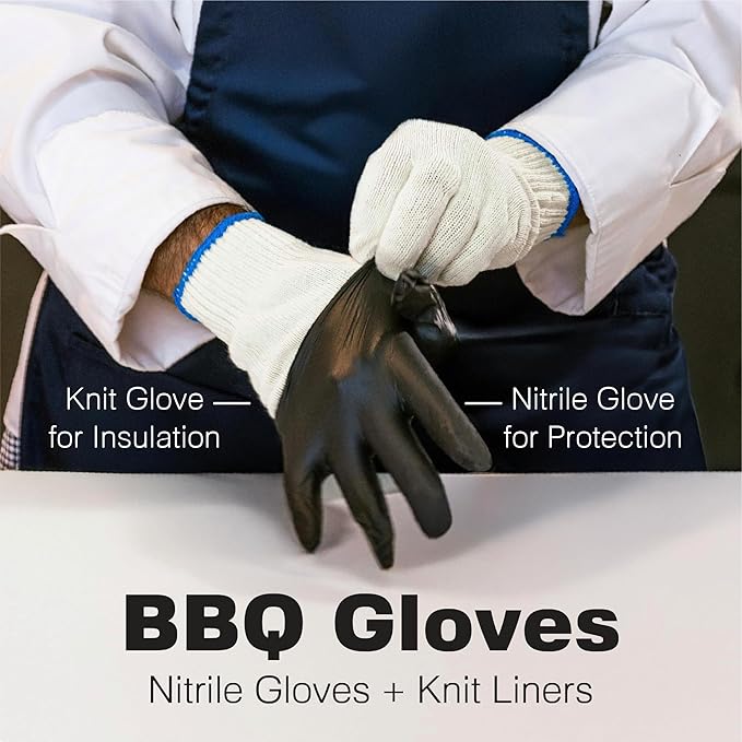 Raxwell BBQ Gloves - Dual-Layer Heat Defense & Heat Gloves for Cooking - Non-Slip Nitrile Handling for Grilling Accessories - Ambidextrous Oven Mitts with Fingers - Large, Black, 6 Cotton Liners