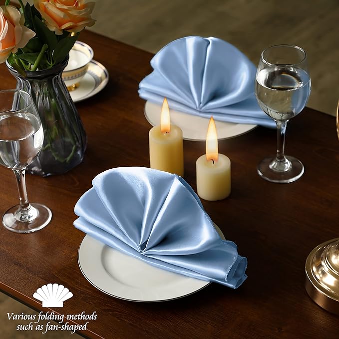Manyshofu 60 Pieces Baby Blue Satin Napkins - 20x20 Inches Cloth Napkins, Square Satin Fabric Napkin Set - Soft & Reusable Table Napkin for Wedding Dinner Party Lunch