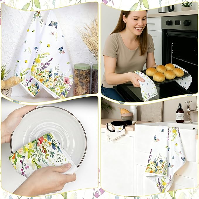 Spring Wildflower Kitchen Towels Set of 2-16×24in Floral Dish Towels, Super Absorbent & Quick Dry Hand Towels for Kitchen Bathroom Home Easter Mother‘s Day Gifts