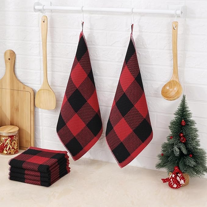 Mordimy 100% Cotton Waffle Weave Plaid Dish Cloths, 12 x 12 Inches, Super Soft and Absorbent Quick Drying Buffalo Check Dish Rags for Kitchen, 6-Pack, Black & Red