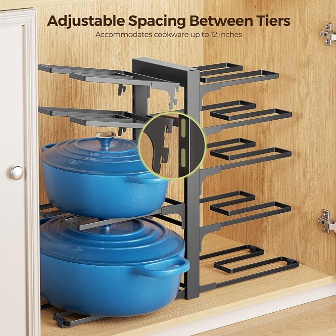 LAMU Pots and Pans Organizer Organizer under Cabinet 15.83" Height, 8 Adjustable Tier Heavy Duty 120LB Pot and Pan Organizer Rack inside Cabinet for Cast-iron Pan, Heavy Skillets Griddle, Shallow Pot