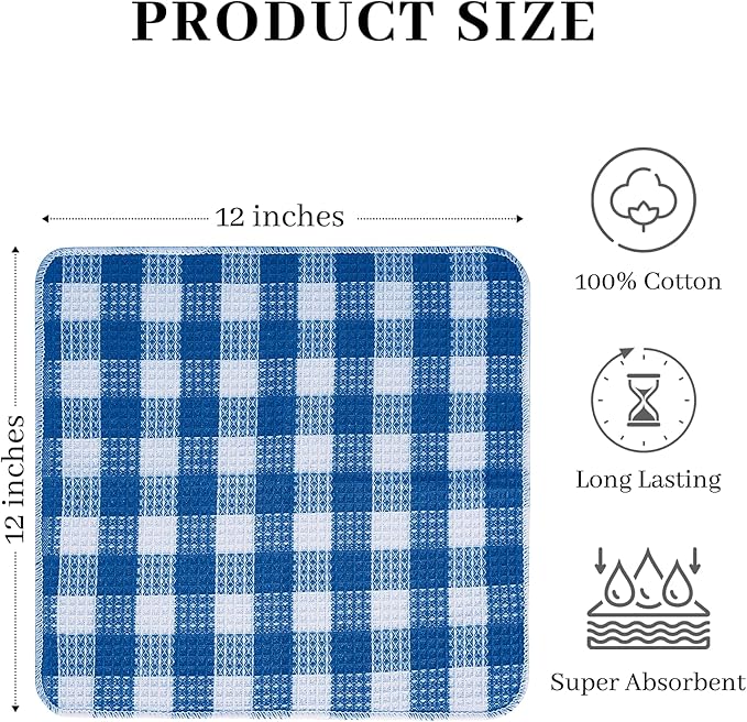 Blue Needles Set of 8 Waffle Weave Check Plaid Dish Cloths, 12x12 Inches 100% Cotton Dish Towels for Kitchen, Ultra Soft & Absorbent Kitchen Towels for Quick Drying Spring Summer - Sky Blue & White