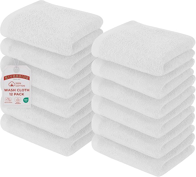 RIVERSIDE Pack of 12 Washcloths, 12 x 12 Inches, 100% Cotton, Premium Flannel Face Cloths, Highly Absorbent & Soft Feel Fingertip Towels (White, 12 Pack)