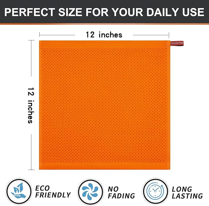 Kitinjoy 100% Cotton Kitchen Dish Cloths (12 X 12 Inches, Orange), 6 Pack Waffle Weave Ultra Soft Absorbent Dish Towels for Drying Dishes Quick Drying Kitchen Towels Dish Rags