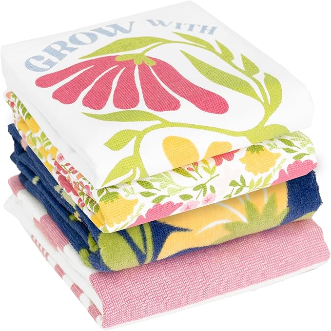 Ritz 100% Cotton Kitchen Towels, Floral Tulips Spring – 16"x26" – Absorbent Dish Towels for Drying & Cleaning – Soft & Durable (Set of 4)