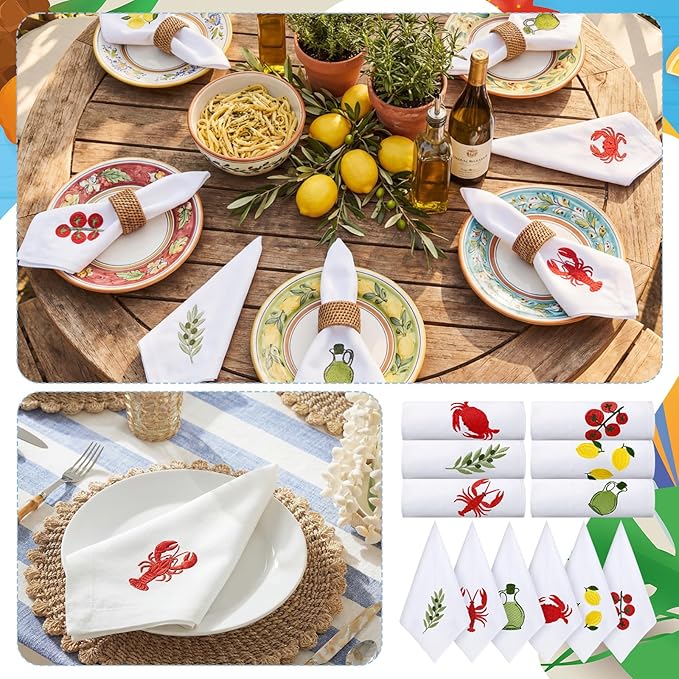 HunnmingRe That's Amore Bridal Shower Italian Summer Cloth Napkins Supplies 17x17 Inch 100% Cotton Soft Embroidered Table Dinner Napkin for Holiday Weddings Daily Parties