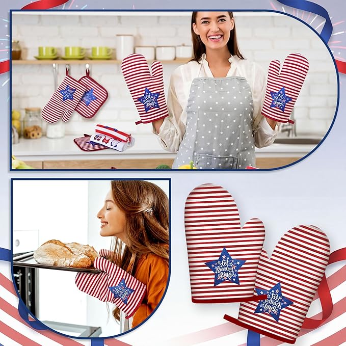 VitalCozy 10 Pcs Patriotic Kitchen Decor Set 4th of July Kitchen Towels and Rugs Pot Holders Oven Mitts Set for Independence Day Gift Cooking Baking Grilling Housewarming