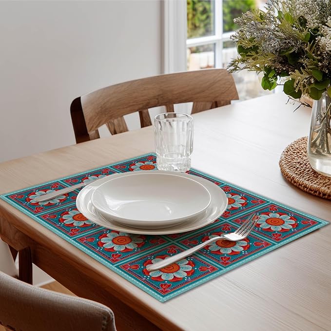 HOMETITUTE Placemats Set of 4 Linen 12x18 Inch Washable Table Mats Bright Bohemian Style Place Mats Colorful Autumn Placemats Decorative Kitchen Dining Table Set