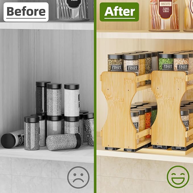 BAMEOS Pull Out Spice Rack Organizer for Cabinet, Bamboo Wide 9" Slide Out Seasoning Organizer for Kitchen, No Drill Anti-Tip Ball Bearing Silent Glides, Pantry Cabinet Organizer, Natural