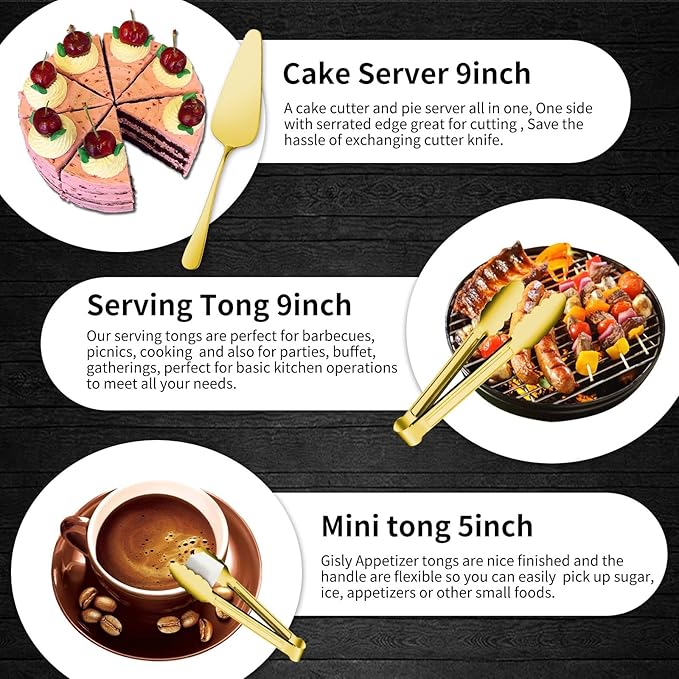 Gisly Gold 12 Pieces Serving Utensils Include Large Serving Spoons,Slotted Serving Spoons,Serving Forks,Serving Tongs,Appetizers Tongs,Soup Ladle and Pie Cake Server for Buffet Catering