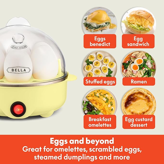 BELLA Egg Cooker, Rapid Boiler & Poacher, Meal Prep Essential, Family Sized Meals: Make Up To 7 Large Boiled Eggs, Dishwasher Safe Lid with Cool-Touch Handles, Poaching Tray Included, Yellow