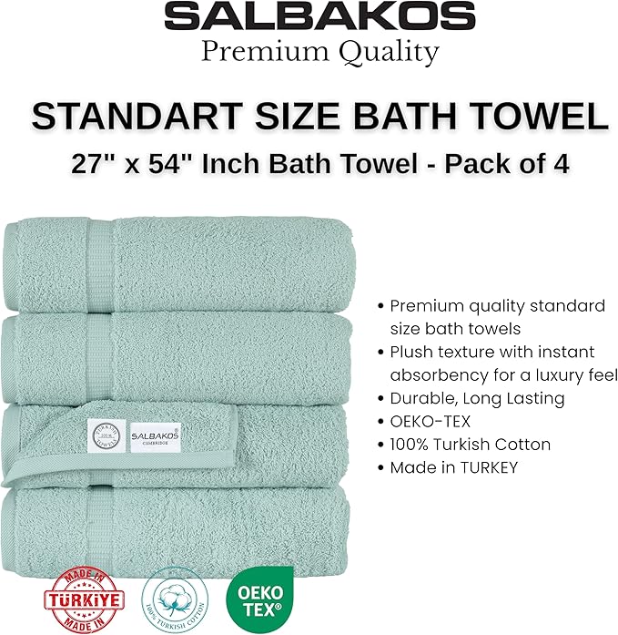 SALBAKOS 100% Turkish Cotton Bath Towels | 4 Piece Turkish Bath Towels 27x54 in Standard Size | Premium Hotel Quality, Super Absorbent, Thick & Plush Turkish Bath Towel (Seafoam Green, 4 Bath Towels)