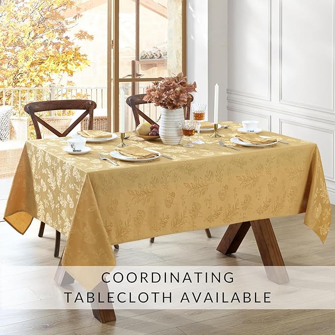 Elrene Home Fashions Elegant Woven Leaves Jacquard Damask Cloth Napkin Set, 17" x 17", Pack of 8, Gold