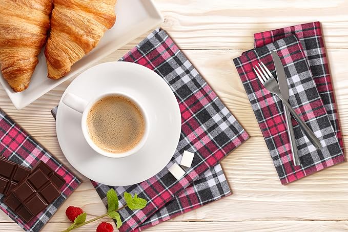 NATURALCRAFT Dinner Cloth Napkin Cotton LinenBlend Fabric Mitered Corners for Every Day Use Napkins are Pre Shrunk and Good Absorbency Yarn Dyed Check (18x18, Multi Color Check (Fuchsia Black))