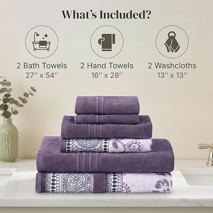 Modern Threads Floral Trail 6-Piece 100% Cotton Towel Set – Reversible Yarn Dyed Jacquard – Includes 2 Bath Towels, 2 Hand Towels, 2 Washcloths – Absorbent, Quick Dry, Soft & Durable – Purple