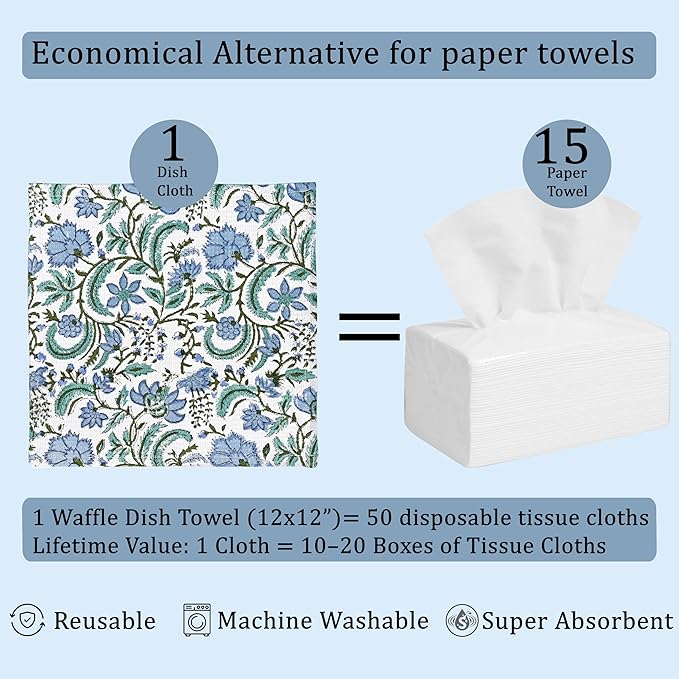 Ridhi Columbia Blue Hand Block Print Cotton Waffle Dish Cloth Set of 6-12x12 Inch Super Absorbent, Soft, Reusable Kitchen Towels for Dish Drying Cleaning, Ideal for Spring, Easter, Valentine