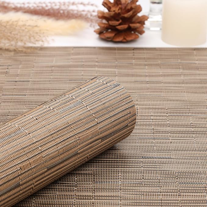 Myir JUN Placemats Set of 10, Vinyl Woven Placemats Place Mats Indoor Set of 10 Washable Table Mats Non-Slip Place mats for Dining Table (Light Brown)