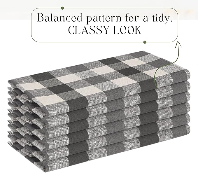 Gingham Check Cloth Napkins Set of 12, Soft, 100% Cotton, Durable, 18"x18", Reusable Dinner Napkins for Every Day & Special Occasions, Washable Table Linens for Dining - Grey Natural