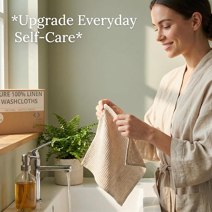 Flax Linen Washcloths for Bathroom - Waffle Washcloths 4-Pack 10x10 inch - Linen Face Cloths - Waffle Weave Cleaning Cloths with Loop - Exfoliating Face Towel for Women