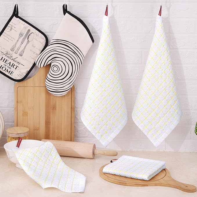 Homaxy 100% Cotton Dish Cloths, 8 Pack-12 X 12 Inches, Check Design Waffle Weave Dish Rags for Washing Dishes, Ultra Absorbent and Fast Drying Dishcloths, Yellow
