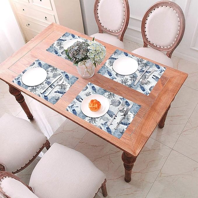 Ocean Themed Linen Placemats Set of 4, Blue White Turtle Coral Heat-Resistant Washable Non-Slip Place Mats for Kitchen Dining Table, Gift for Navy Beach Sea Life Lovers, Kitchen Home Decor Essential