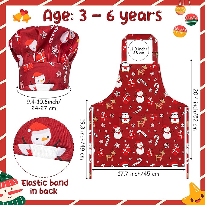 4Pcs Christmas Kids Apron and Chef Hat Set Gift for Child, Snowman Christmas Tree Candy Cane Pattern Adjustable Kitchen Aprons with 2 Pockets Waterproof Smock Hats for Baking Cooking Painting Training