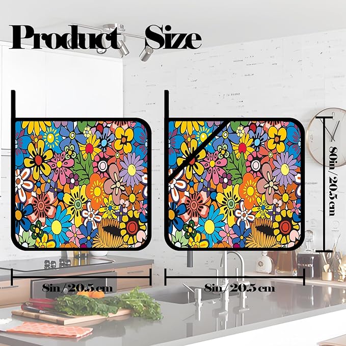 Retro Hippie Flower Pot Holders Set of 2,Kitchen Heat Resistant Potholder for BBQ Cooking Baking,Food Hot Pad for Women Men