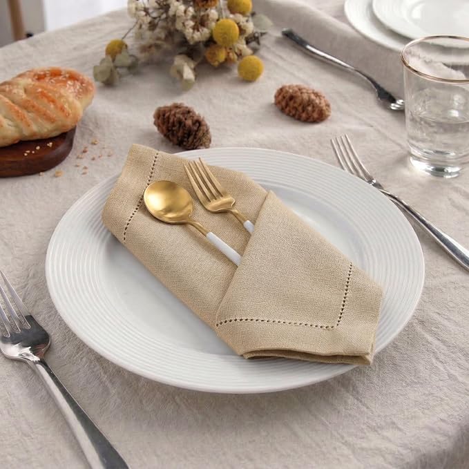 Palisa Beige Cotton Napkins Set of 12 | Premium Hemstitch Detailing Cloth Dinner Napkins 18x18 Inch | Soft Washable & Reusable Table Napkins for Everyday Use Weddings Parties Restaurants & Hotels