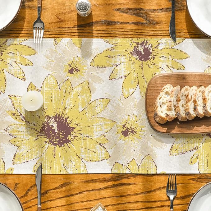 Artoid Mode Yellow Retro Daisy Spring Table Runner, Seasonal Vintage Kitchen Dining Table Decoration for Home Party Decor 13x72 Inch