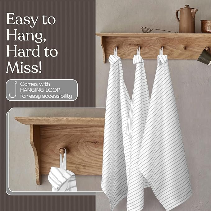 Ash Gray Classic Striped Dish Towels 3 Pack, Ultra Absorbent, Classic Stripe Towel Set, Quick Dry Cotton Kitchen Towels for Cleaning Counters, Drying Dishes, Everyday Cleanup