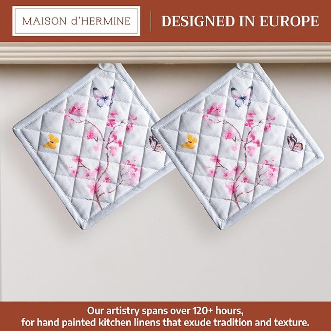 Maison d' Hermine Pot Holders 100% Cotton Heat Resistant Potholders 8" x 8" Hot Pads with Loop Cooking Baking Gifts for Mothers Day Handling Hot Pans Spring/Summer (Pack of 2, Blossoms in Spring)