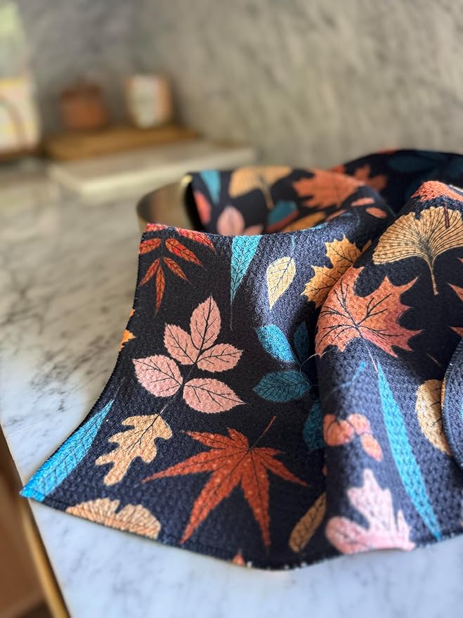 2 Pack || Double Sided|| Not Your Ordinary Kitchen Towels || Dish Towels || Quick Dry || Waffle Weave Microfiber || Designer Prints || Highly Absorbent || Hanging Hook (Fall Leaves Black)