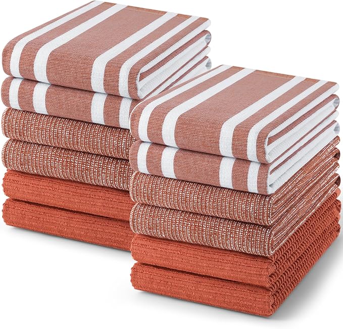 Homaxy Premium Kitchen Towels(18”x 28”, 12 Pack), Large Cotton 380 GSM Kitchen Hand Towels, Soft and Absorbent Terry Dish Towels, Multipurpose Tea Towel Set with Hanging Loop, Rust