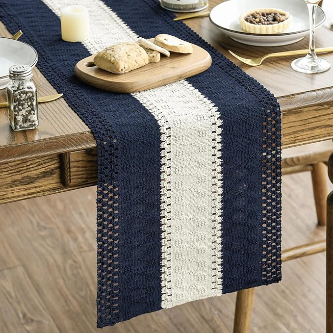 Artoid Mode Dark Blue Farmhouse Rustic Table Runner, Seasonal Hollow Kitchen Dining Table Decoration for Home Party Decor 12x60 Inch