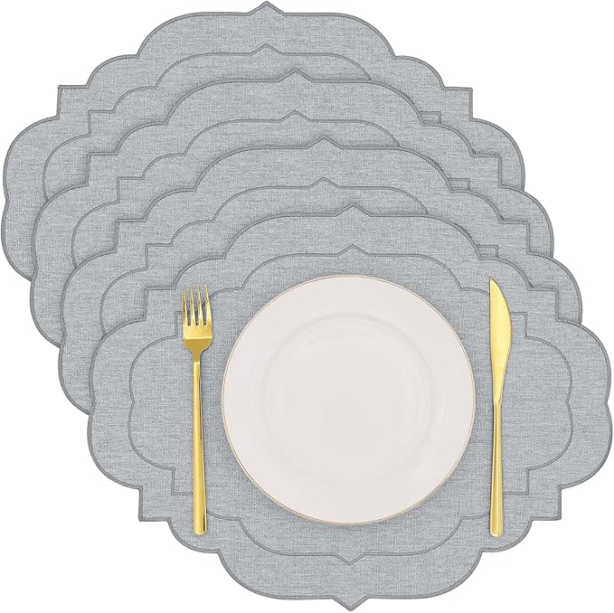 Cotton Linen Oval Placemats Set of 4, HADEEONG Table Mats Cloth Placemats, Washable Wrinkle Resistance, Scalloped & Embroidered Fabric Placemats, 17.71 x 13.77inch (Light Grey, 4)