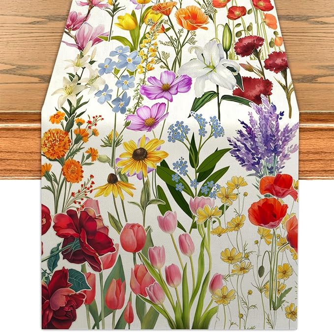 Spring Table Runner Easter Butterfly Kitchen Dining Table Centerpiece Summer Birds Flowers Decor Jesus Spring Decorations for Home Party-72 Inches Long