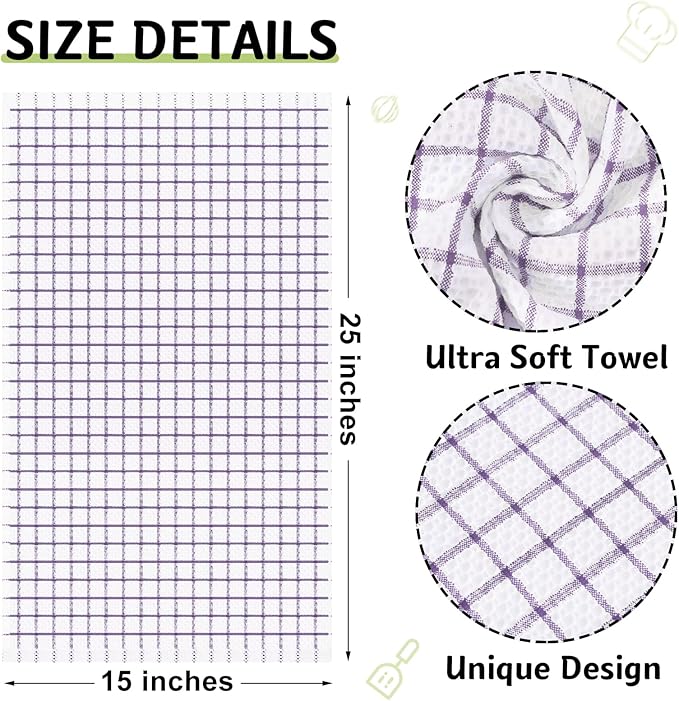 Homaxy 100% Cotton Kitchen Towels 8 Pack-15 X 25 Inches, Check Design Waffle Weave Hand Tea Towels, Super Soft and Absorbent Dish Towel for Drying Dishes, Purple
