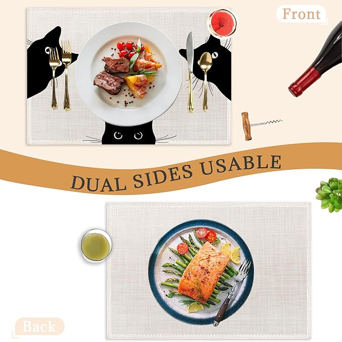 Black Cat Placemats Set of 6,Washable Heat Resistant 12×18 Inch Linen Table Mats Cute Place Mats for Party Outdoor Dining Décor