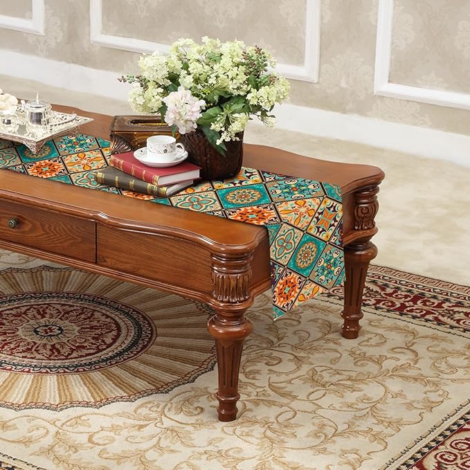 Boho Bohemian Table Runner 72 Inches Long, Vintage Seasonal Table Runners for Party Kitchen Dining Coffee Table Bedroom Dressers Indoor Outdoor, Machine Washable (Bohemian B, 13” x 72”)