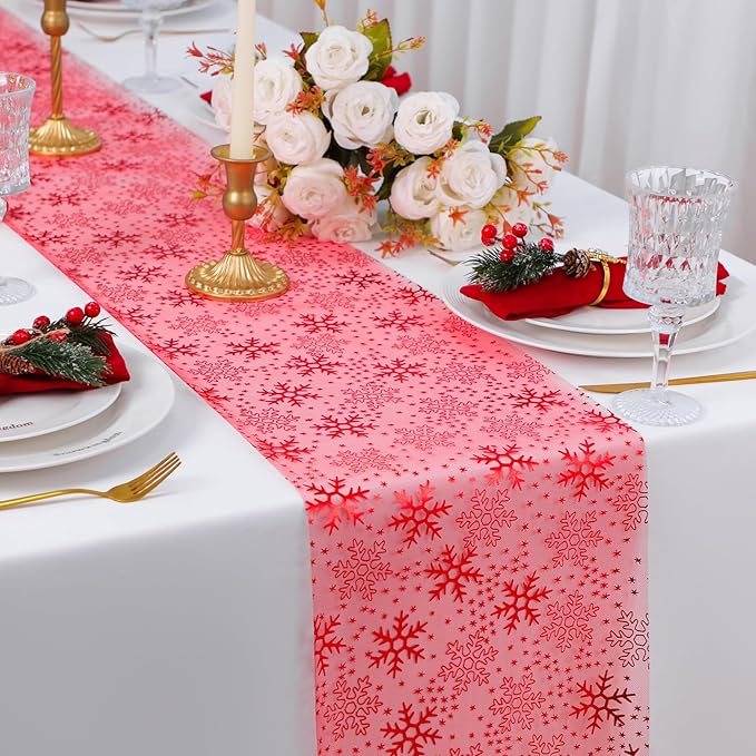 Snowkingdom 2 Pcs Christmas Red Snowflake Table Runner 108 Inch Sparkly Red Foil Glitter Metallic Mesh Runners Dining Kitchen Table Decorations for Seasonal Winter Xmas Festival Holiday Home Party