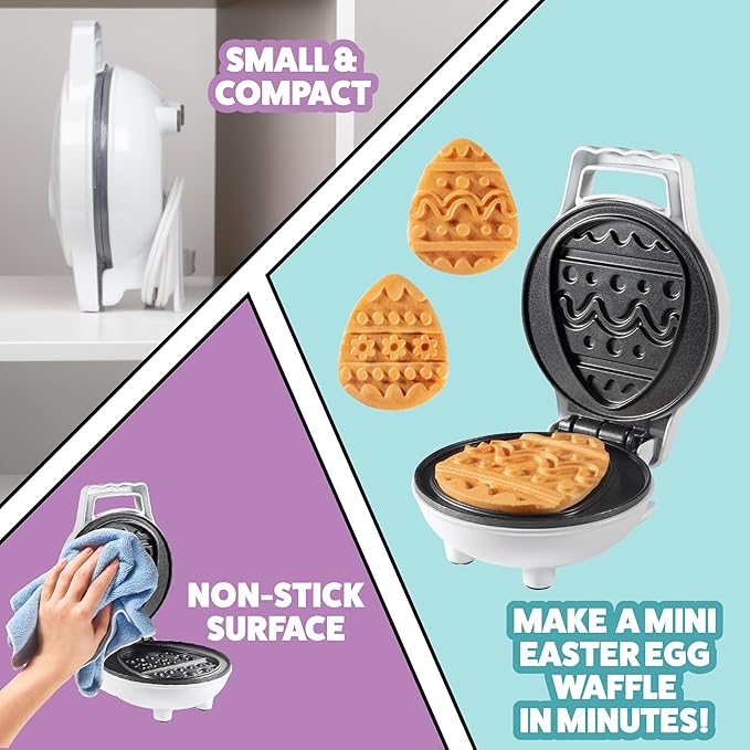 Mini Easter Egg Waffle Maker- Make Double Sided Waffles or Pancakes w 2 Different Floral Designs, Ready to Decorate & Frost, Breakfast Fun for Kids & Adults - Basket Stuffer Gift, Egg Hunt Surprise