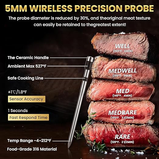 800FT Wireless Meat Thermometer,Digital Cooking Thermometer with 1 Probes-Wireless Rechargeable, Alarm Function,Instant Read,with iOS & Android App,for Grilling Smoking Oven BBQ