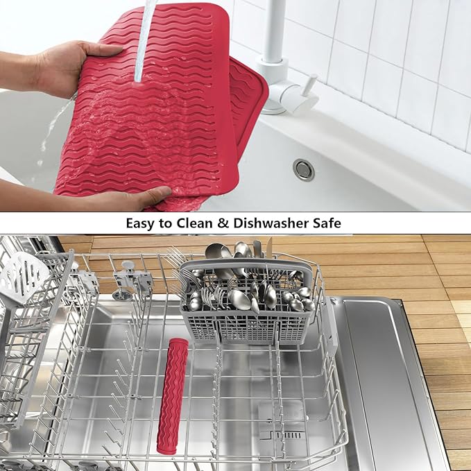 ZLR Silicone Dish Drying Mat 12" x 12" Square - Small Heat Resistant Trivet & Countertop Protector for Air Fryer, Coffee Maker - Waterproof Kitchen Drain Pad for Cups, Fruit (Lava Red)