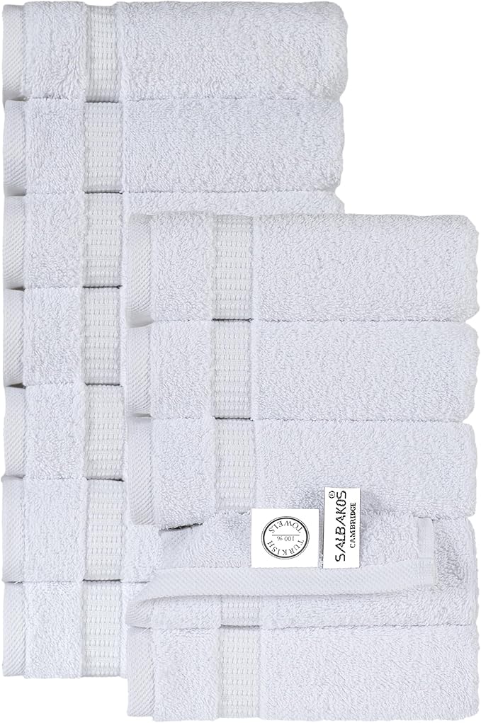 SALBAKOS 12-Piece 100% Turkish Cotton Wash Cloths for Bathroom & Face - Soft 13x13 in Small Towels for Body & Kitchen - Thick, Absorbent Multi-Use Oeko-TEX Certified Washcloths (White, 12 Washcloths)