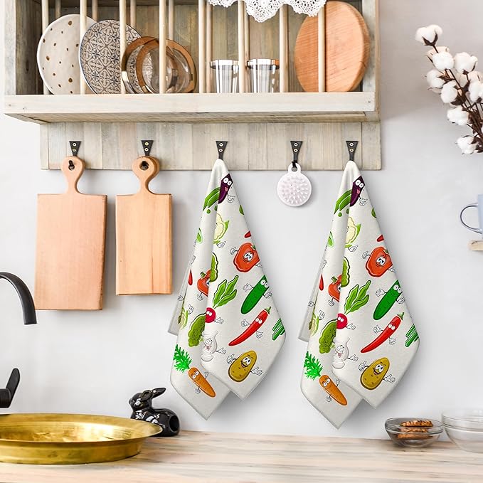 Funny Vegetables Kitchen Towels Decorative Set of 2, Soft Absorbent Cute Botanic Dish Towels Hand Towels for Kitchen Farmhouse Holiday Home Decorations