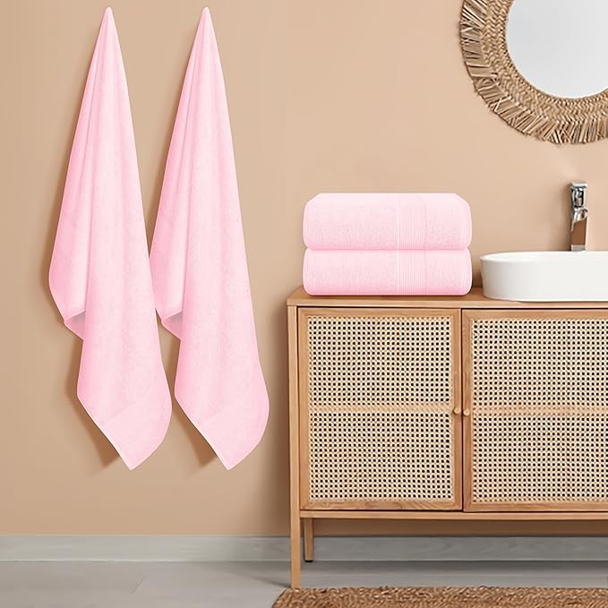Belizzi Home 4 Pack Bath Towel Set 27x54, 100% Ring Spun Cotton, Ultra Soft Highly Absorbent Machine Washable Hotel Spa Quality Bath Towels for Bathroom, 4 Bath Towels Pink