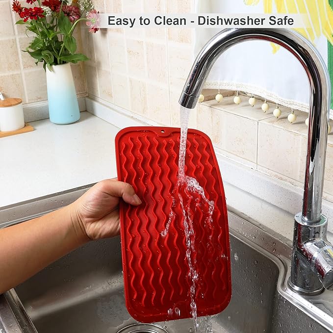 ZLR Silicone Sponge Holder & Sink Caddy Tray (6" x 12") - Narrow Dish Drying Mat for Kitchen Counter - Waterproof Soap Dispenser Organizer, Non-Slip Bathroom Vanity Tray (Lava Red)