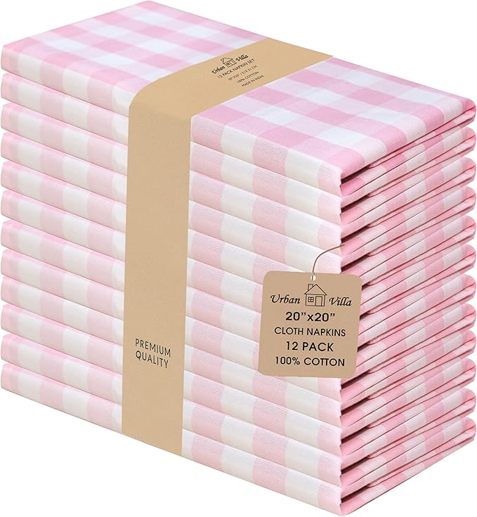 Urban Villa Cloth Napkins 100% Cotton Dinner Napkins Highly Absorbent 20x20 Inches (Set of 12) Pink White Buffalo Checks Reusable Washable Soft Durable Premium Napkins Ideal for Home Wedding Parties