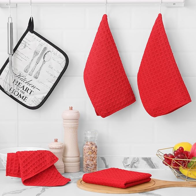 Homaxy Microfiber Waffle Weave Kitchen Towels Set, 16 x 28 Inch and 12 x 12 Inch Ultra Absorbent and Solid Color Dish Towels, 12 Pack, Red