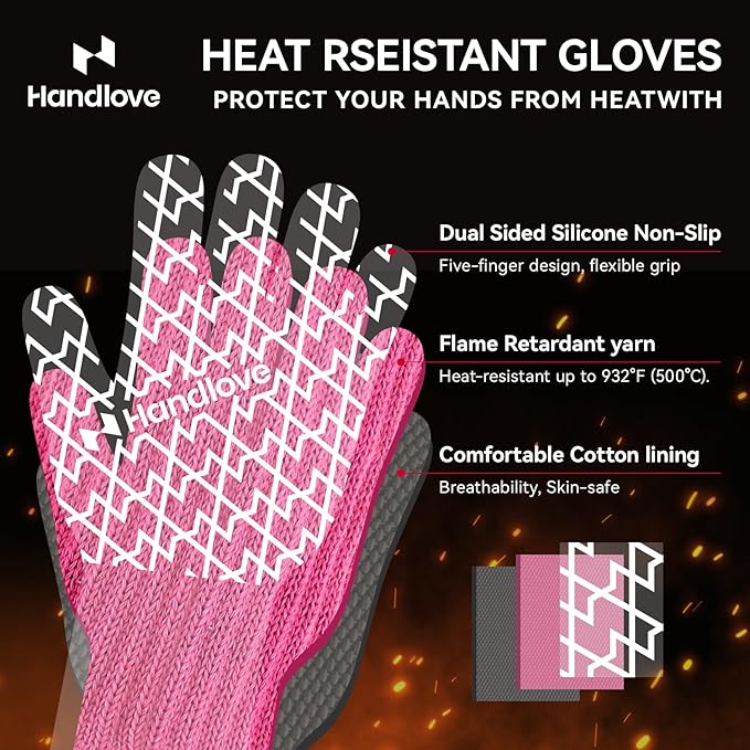HandLove Aramid Heat Resistant BBQ Gloves – Grilling & Oven Gloves with Fingers, Silicone Grip & Long Cuffs for Cooking, Baking, and Outdoor Barbecue – Pink, Small